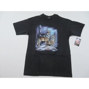 Wolf Wolves Forest Graphic Haloubek Black T-shirt Sz L 90s